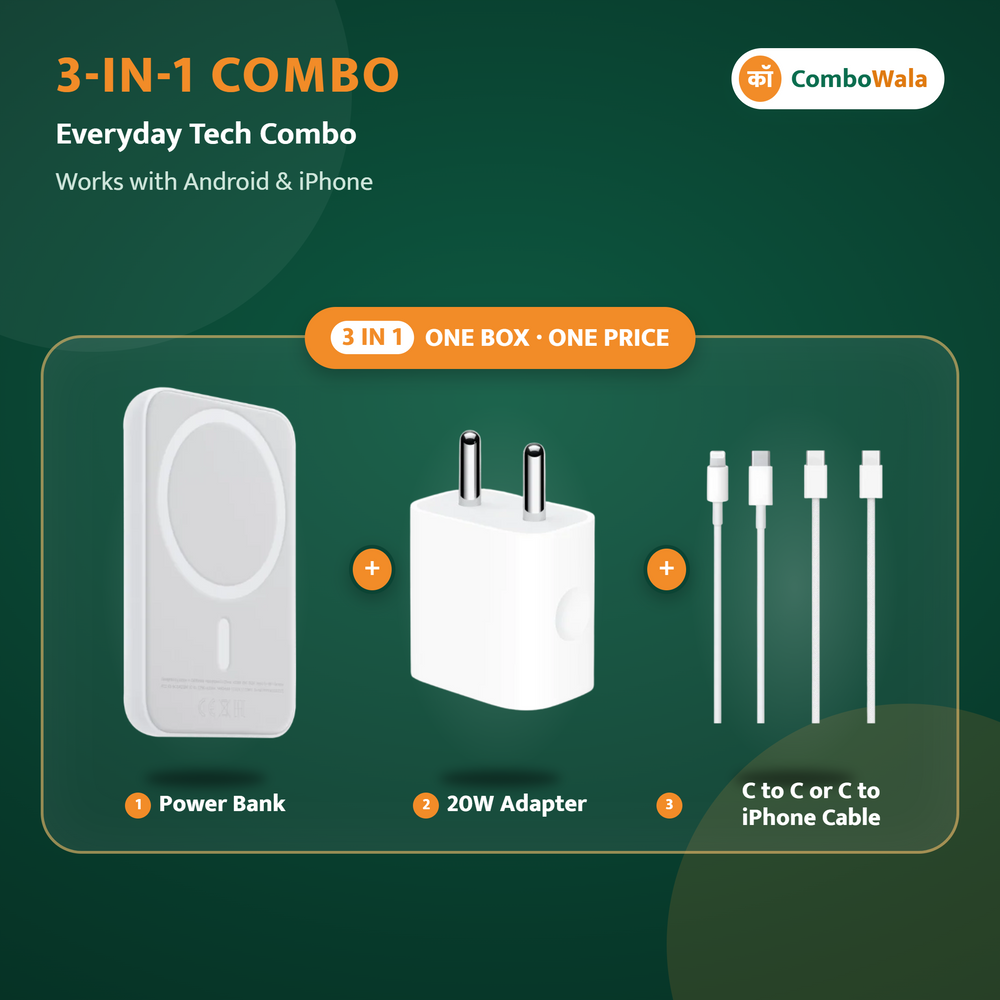 ComboWala 3-in-1 Charging Combo – Magnetic Power Bank + 20W Type-C Fast Charger + C to C / C to iPhone Cable
