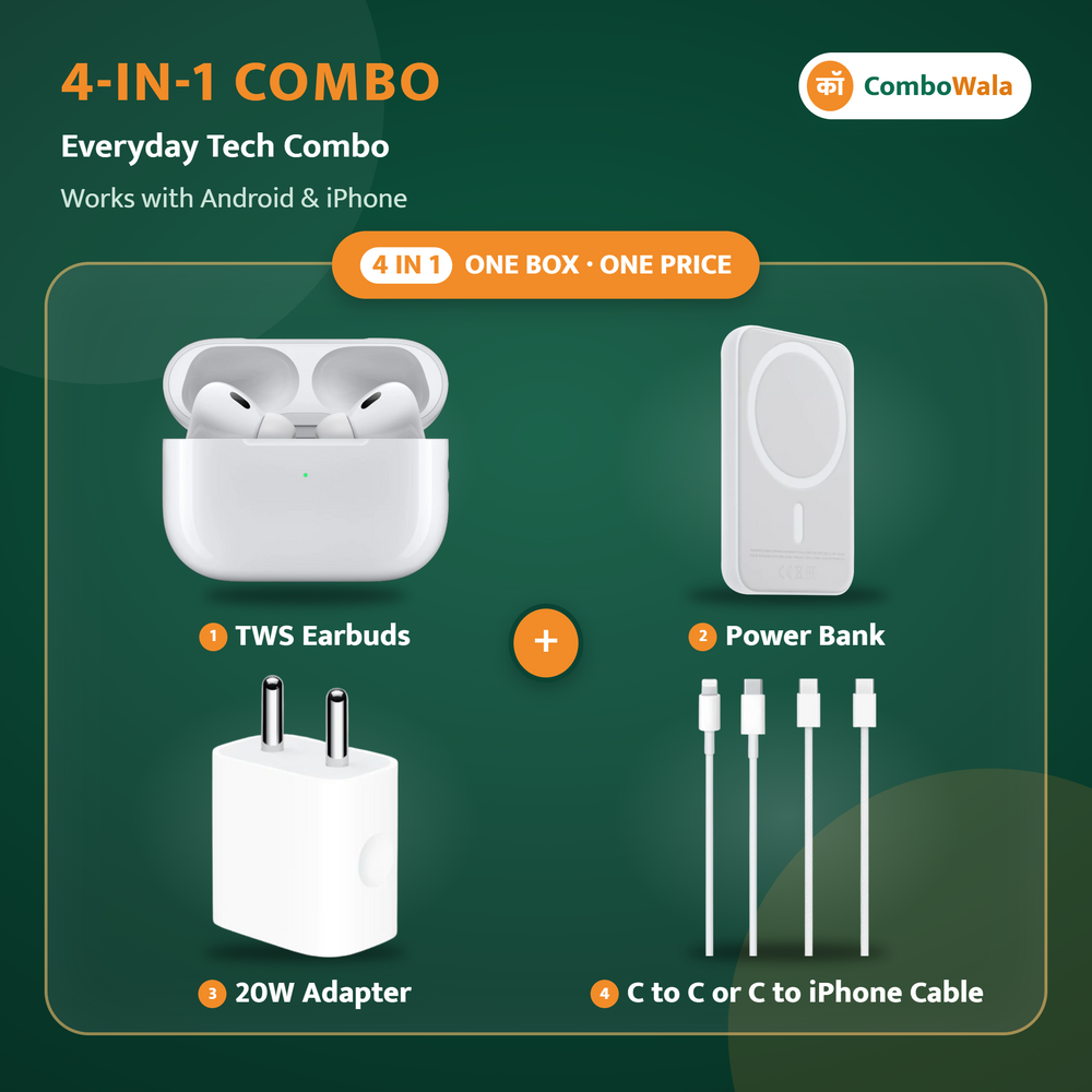 ComboWala 4-in-1 Combo – TWS Earbuds + Magnetic Power Bank + 20W Type-C Adapter + C to C / C to iPhone Cable